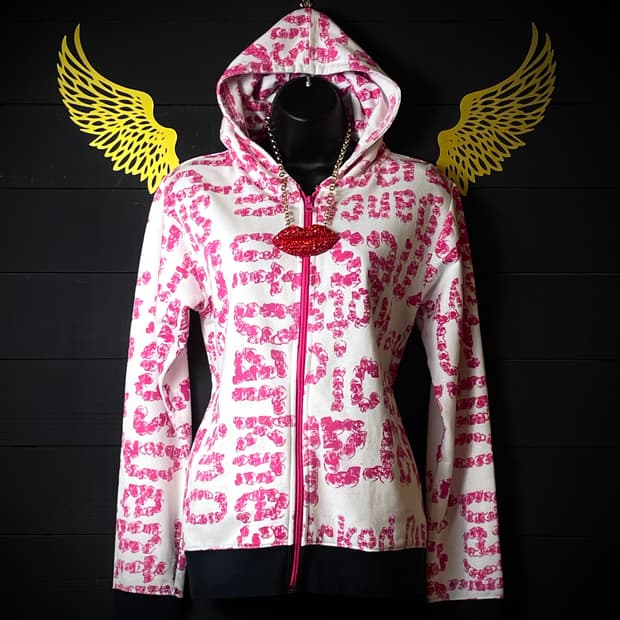 JPN 갸루 핑크 레터링 화이트 후드집업