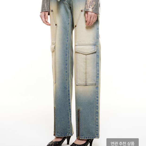 Diagonal Zipper Denim Pants Vintage Blue