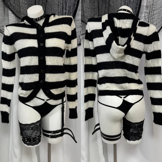 stripe knit hood cardigan