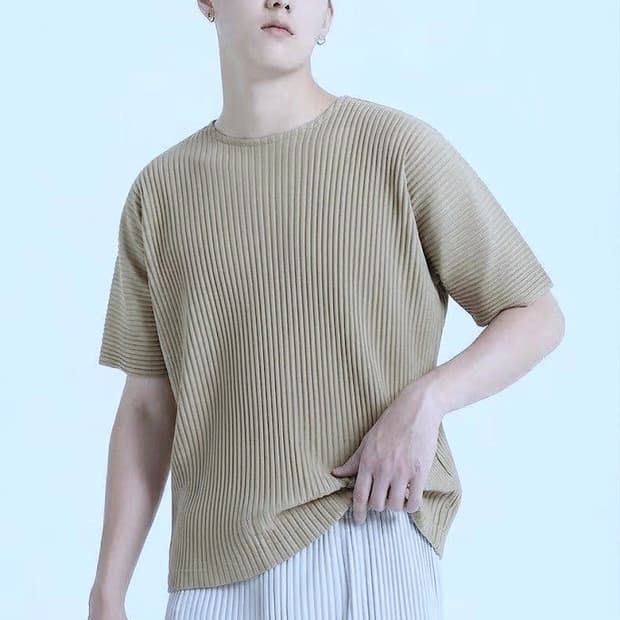 베이직 라인 크루넥 반팔 플리츠 티셔츠