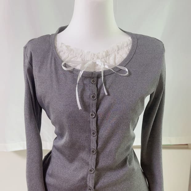 오네갸루 빈티지 리본 레이스 시스루 레이어드 딱붙 가디건 그레이