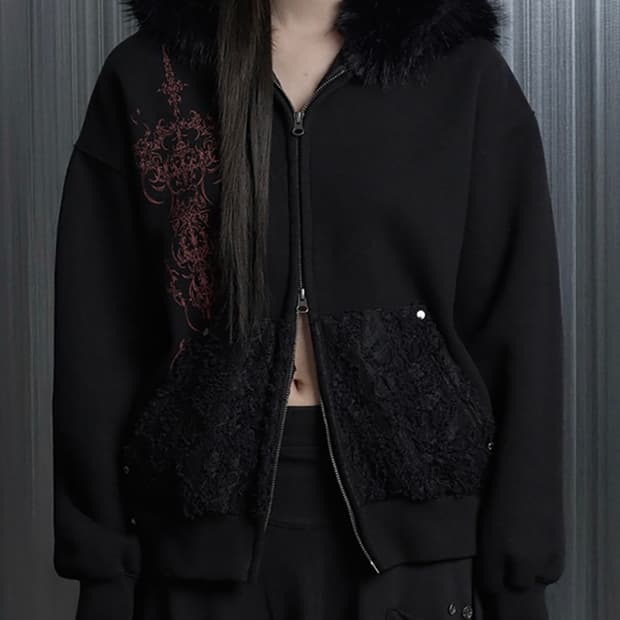 에트오소메 프린팅 퍼 후드집업