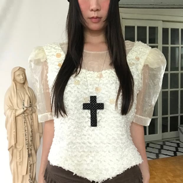 vintage ivory organza puff blouse