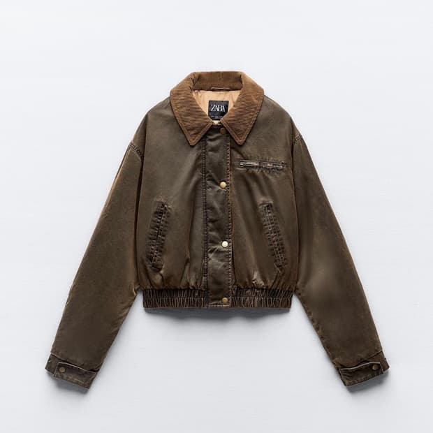 자라 코듀로이 칼라 왁스드 크롭 봄버 자켓 타바코