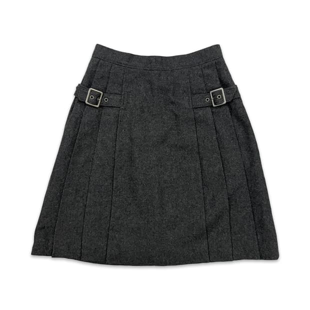 빈티지 다크 그레이 벨트 플리츠 미디 스커트