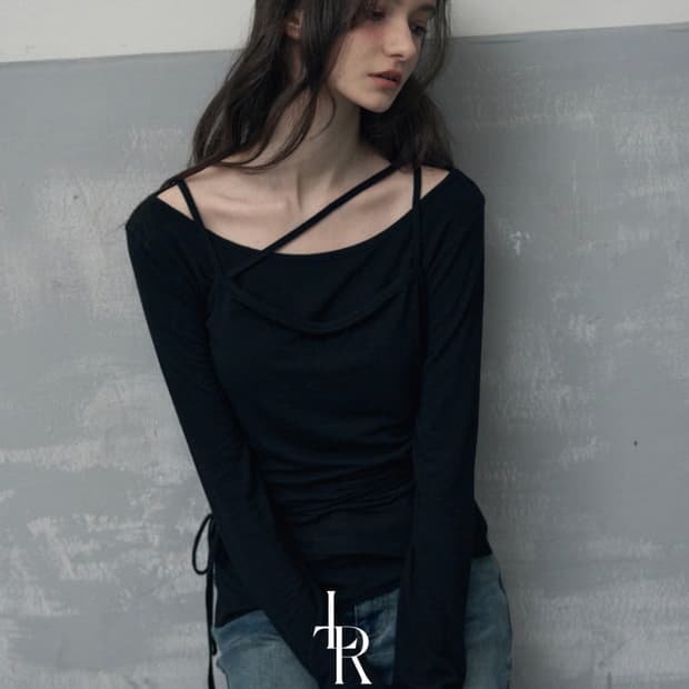 (새상품) 레더리 더블 스트랩 레이어드 슬리브리스 탑 세트 BLACK