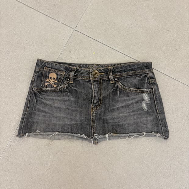 데님 해골 자수 숏스커트