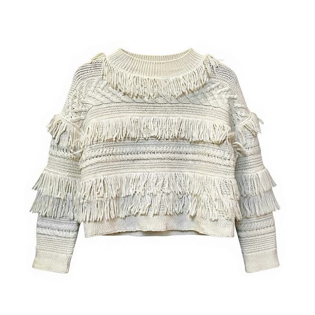 레이빔즈 케이블 니트 웨스턴 프린지 디테일 아이보리