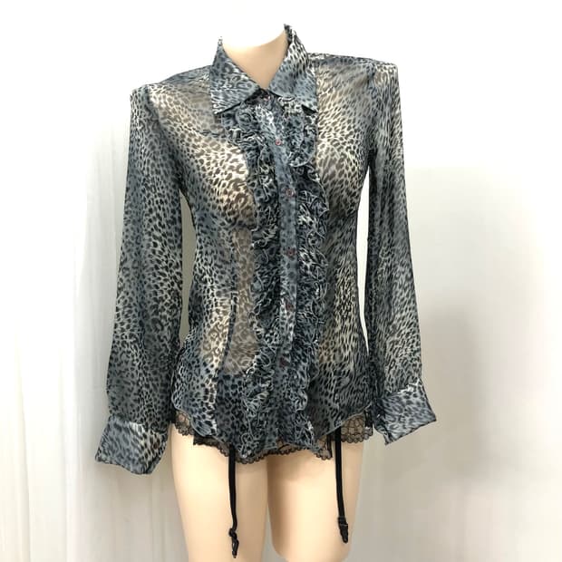 blue leopard frill sheer blouse  for 