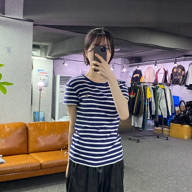 폴로 랄프로렌 네이비 슬림핏 스트라이프 반팔티 B4585 