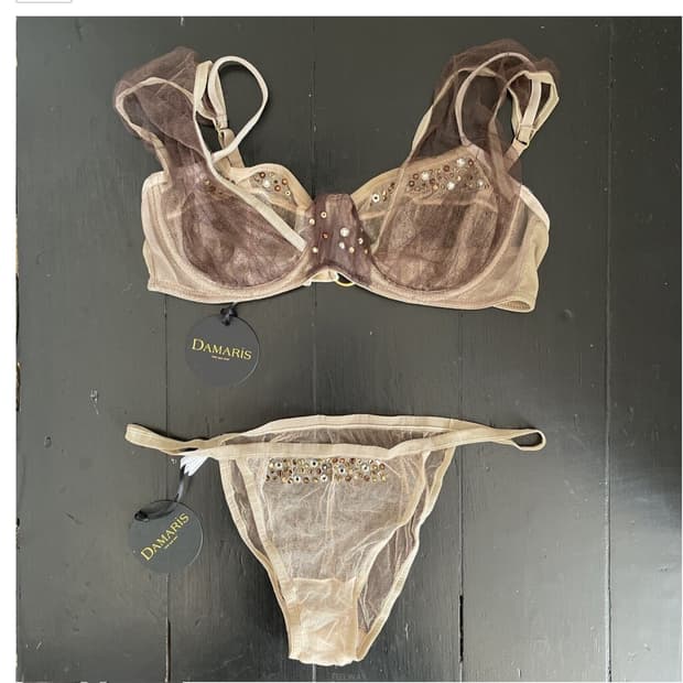 새상 영국 명품 DAMARIS 브라 팬티 망사 실크 스와로브스키 크리스탈