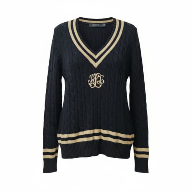 폴로 랄프로렌 케이블 브이넥 금장자수 니트 블랙라벨 m