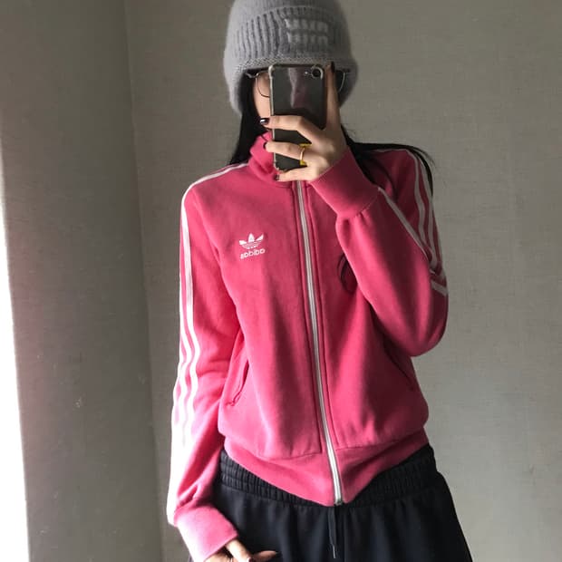 아디다스 핑크 빅로고 면집업