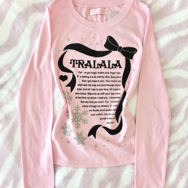 트랄라라 핑크 눈꽃 롱슬리브 티셔츠 레터링 리본 히메갸루