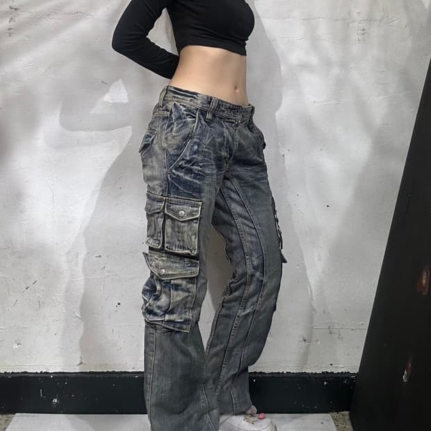 일본 빈티지 진청 대대장 멀티 포켓 라인 디테일 유틸리티 데님 카고 바지