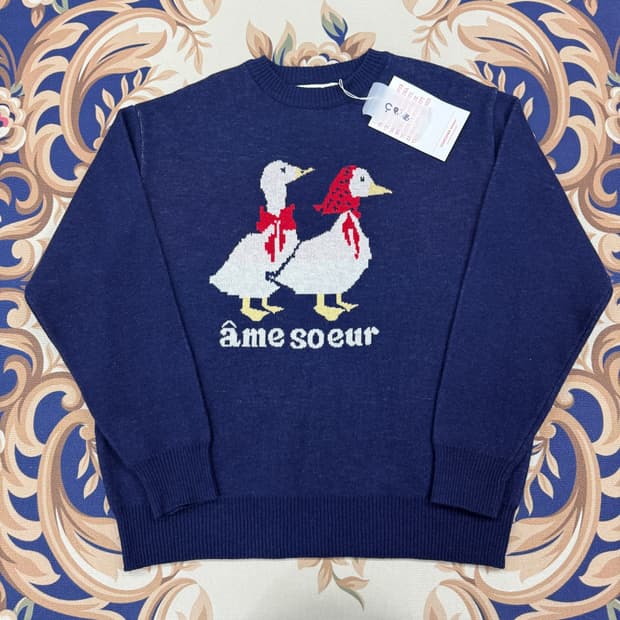 (L)곤니치와 봉쥬르 애니멀 빅로고 니트(네이비,새상품)