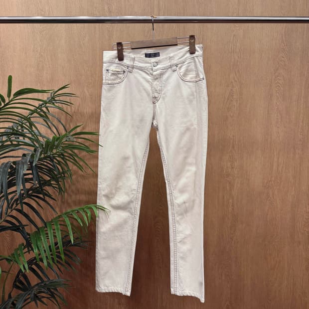 알렉산더 맥퀸 코튼 데님 팬츠 레드 더블 스티치 디테일 아이보리