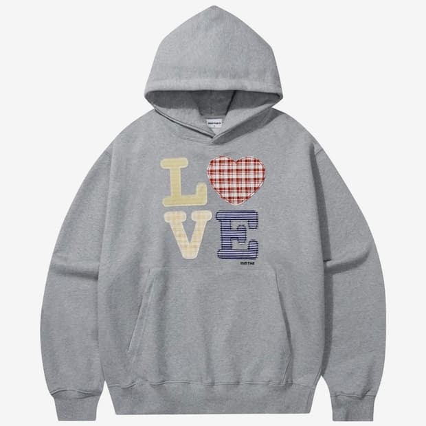 밈더워드로브 헬로 월드 패치워크 LOVE 후드티 그레이