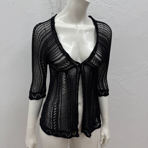 빈티지 Bou Jeloud 블랙 뜨개 니트 시스루 가디건