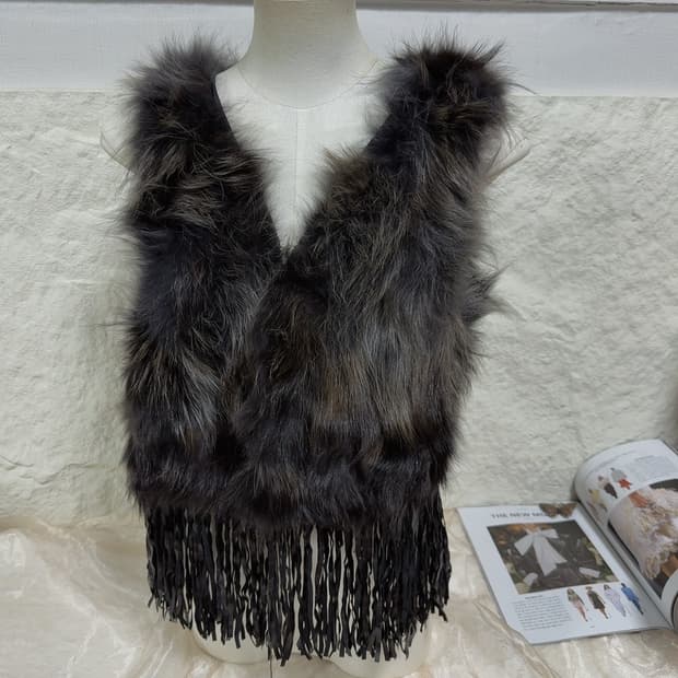 빈티지  라쿤퍼+스웨이드  태슬 조끼 베스트