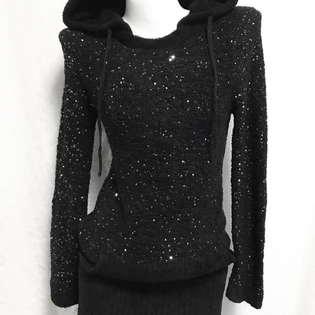 빈티지 갸루 글리터 니트 후드 롱슬리브 탑 원피스