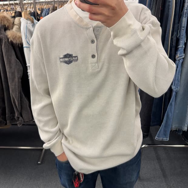 2XL)할리데이비슨 빈티지 자수 니트 헨리넥 롱슬리브