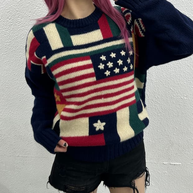 80's 아메리칸 이글 빈티지 성조기 핸드메이드 니트 M
