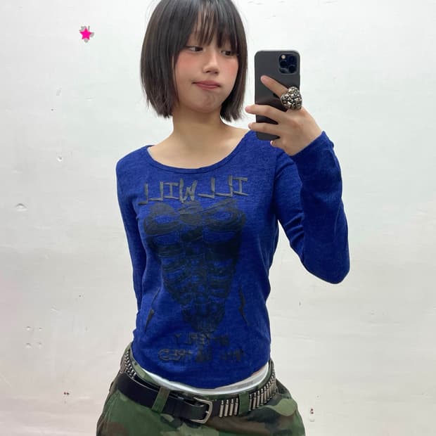 Black Bone Zipper Blue Long Sleeve