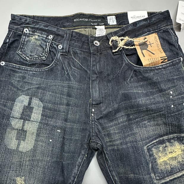 ROCAWEAR 프린팅 데미지 워싱진