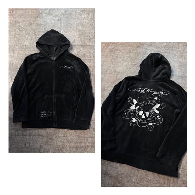 에드하디 스컬/로고 자수 플리스 후디드 집업