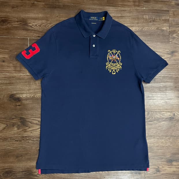 폴로 랄프로렌 자수 트리플포니 커스텀 슬림핏 PK 카라티 네이비