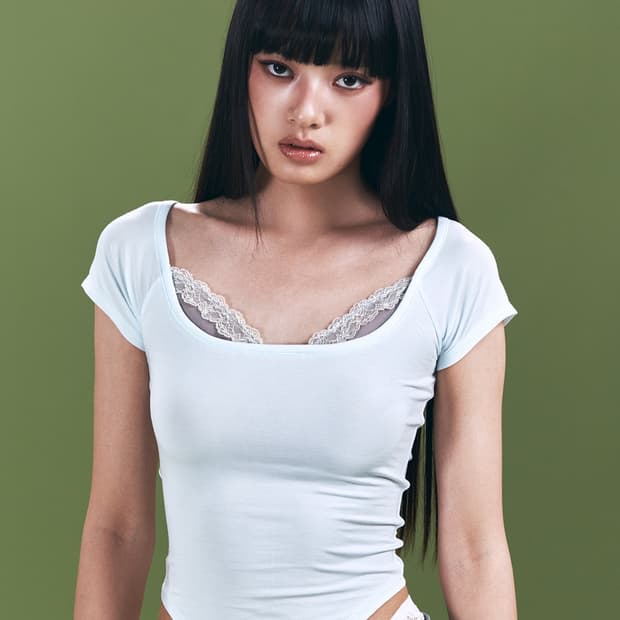 플리즈노팔로우 맨디 레이스 레이어드 쇼츠 슬리브 탑 베이비 블루