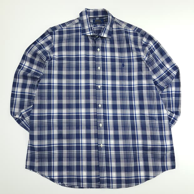 CN764 2XL 폴로 랄프로렌 네이비 엘라스틴 체크 긴팔 셔츠 남방