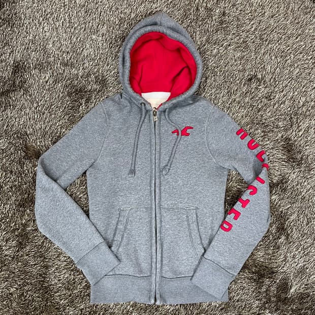 홀리스터 Hollister 진그레이 레드 로고 기모 후드집업 S