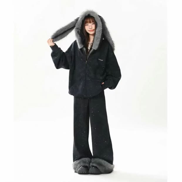 지뢰계 양산형 토끼 귀 후드 집업 & 퍼 와이드 팬츠 세트