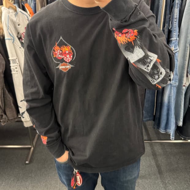 XL)00’s할리데이비슨 빈티지 플레임 다이스 프린팅 블랙 롱슬리브