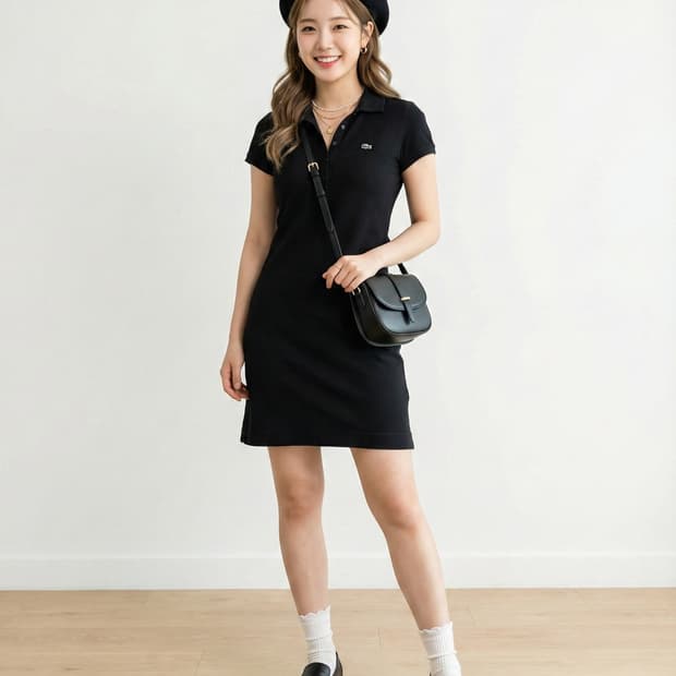 라코스테 블랙 피케 반팔 미디 원피스_호칭40