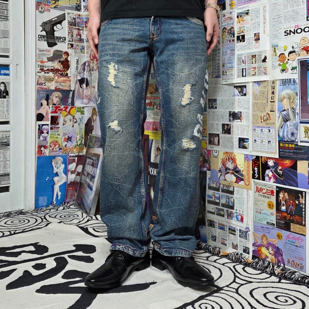 JPN 빈티지 프린팅 워싱 데미지 데님 팬츠