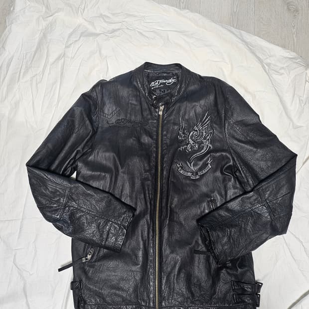 에드 하디 양가죽 자수 가죽자켓 L