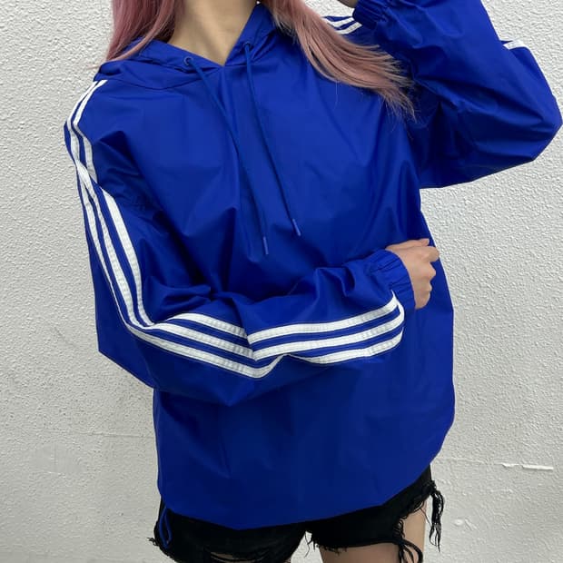 아디다스 화이트라인 블루 바람막이 후드 L