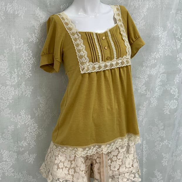 빈티지 옐로우 레이스 블라우스 1108 모리걸 y2k 스트릿 갸루 펑키 