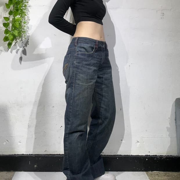 일본 빈티지 중청 자수 와이드 워싱 데님 팬츠 청바지 