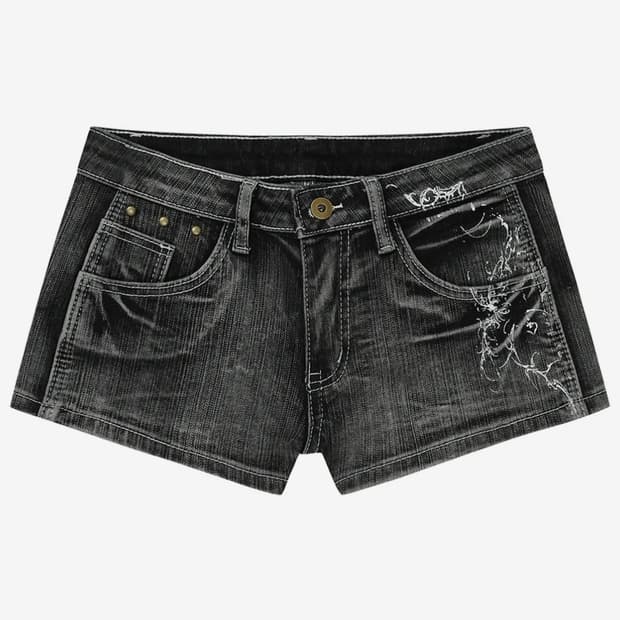 TATTOOED GRAPHIC DENIM SHORTS_GREY