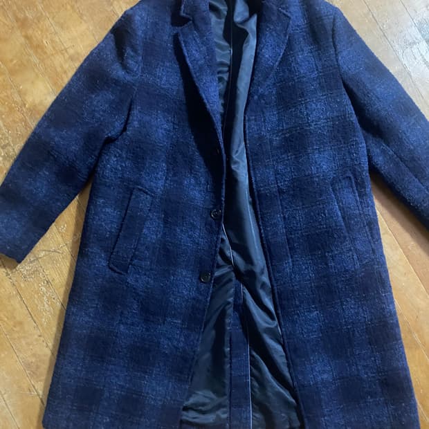 zara man 네이비 체크 롱 코트 L