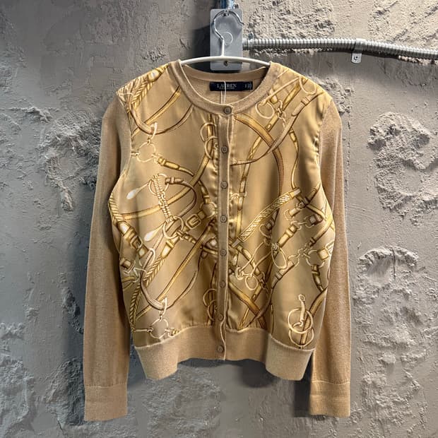 로렌 랄프로렌 체인 프린팅 니트 가디건 베이지 S