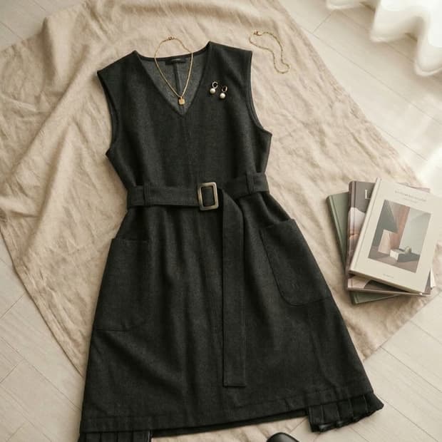 차콜 브이넥 데님벨트 원피스 - 밑단 플리츠 포인트