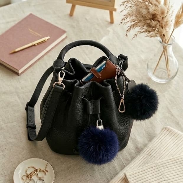 [더히 / THEHEE] 천연 가죽 버킷백 (폼폼이 포함)