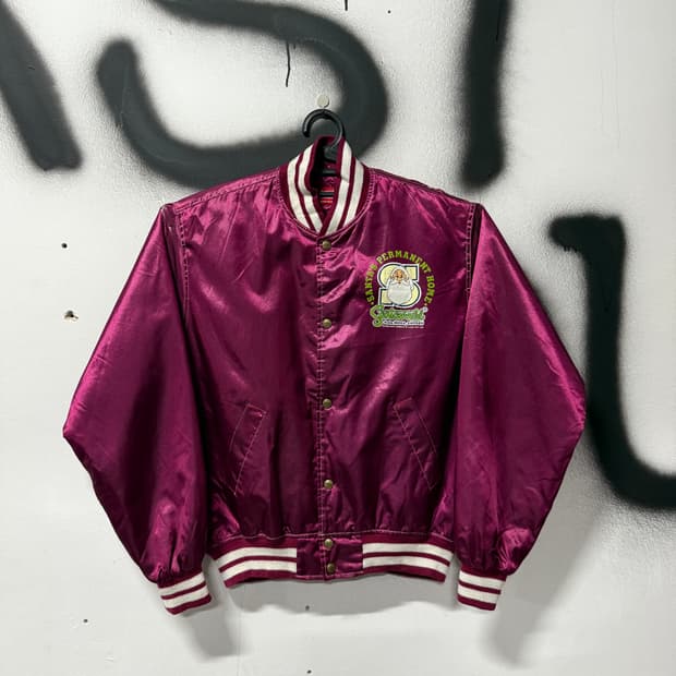 80-90s 캡틴산타 산타월드 풀 프린팅 올드스쿨 사틴 바시티 자켓