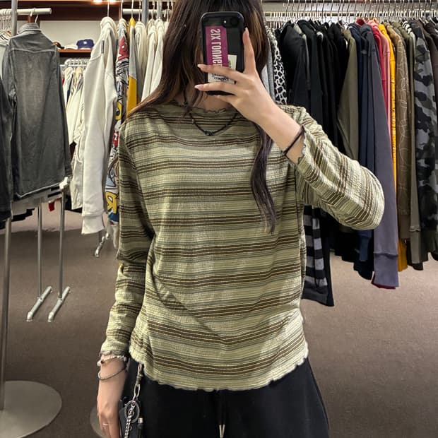 M)Japanese vintage 여성 줄무늬 카키 롱슬리브