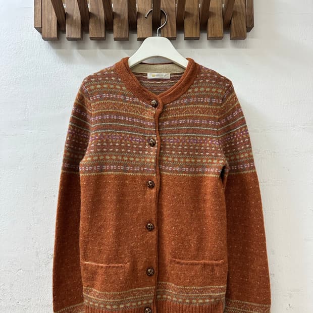 일본빈티지 Golden Bear 울 100% 패턴 빵버튼 니트 가디건